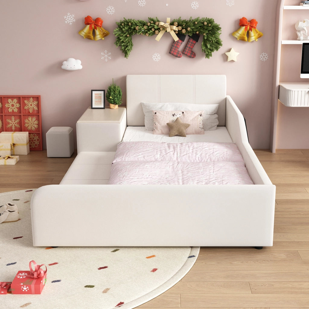 OKWISH Letto combinato 90×200 cm, Letto Singolo con Scrivania, Sgabello e Ripiano, senza Materasso, in Velluto, Bianco