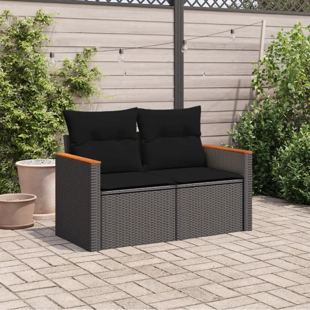 vidaXL Divano da Giardino con Cuscini a 2 Posti Nero in Polyrattan