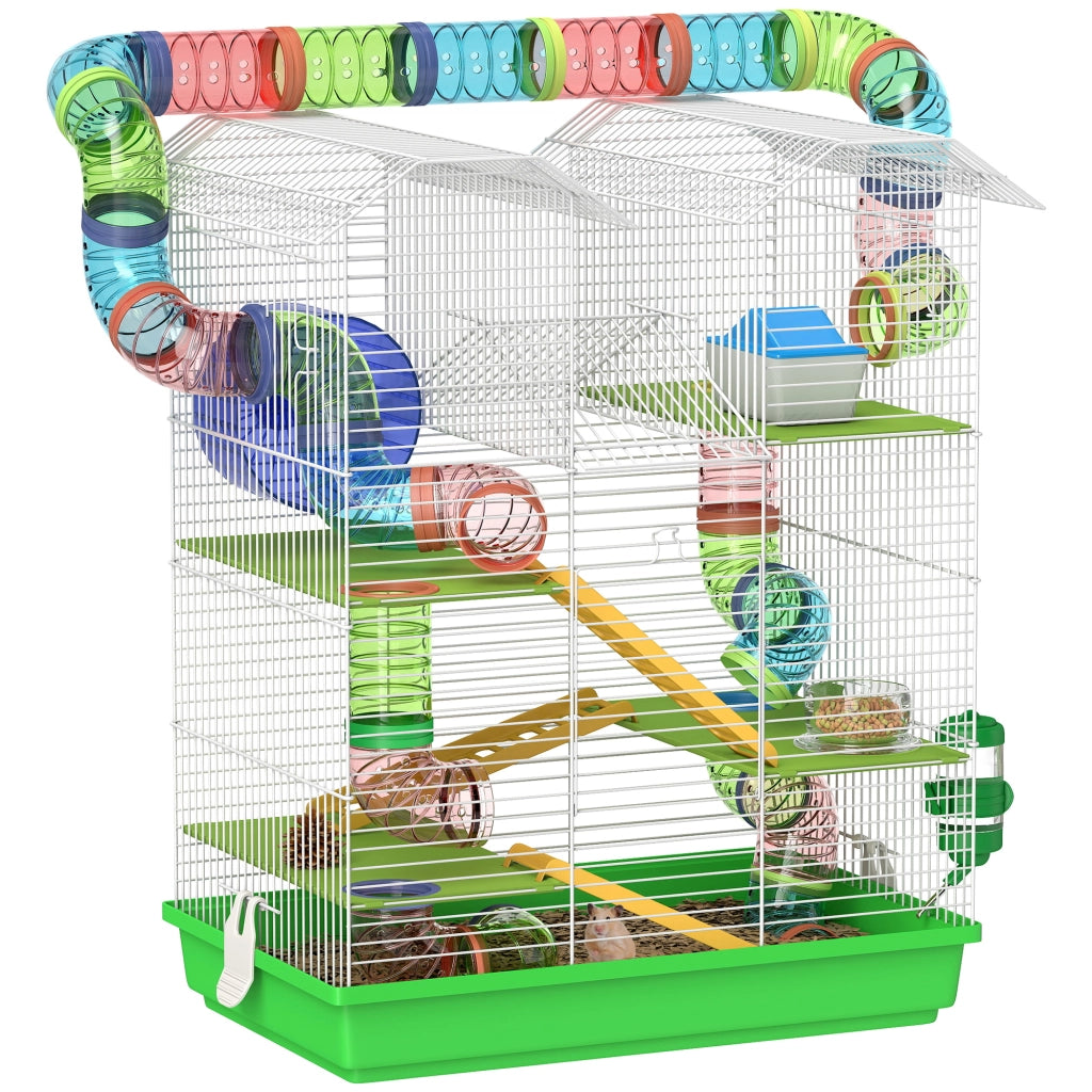 Gabbia per Criceti a 5 Piani con Tubi Colorati, Ruota, Casetta e Accessori, 47x30x59 cm, Verde