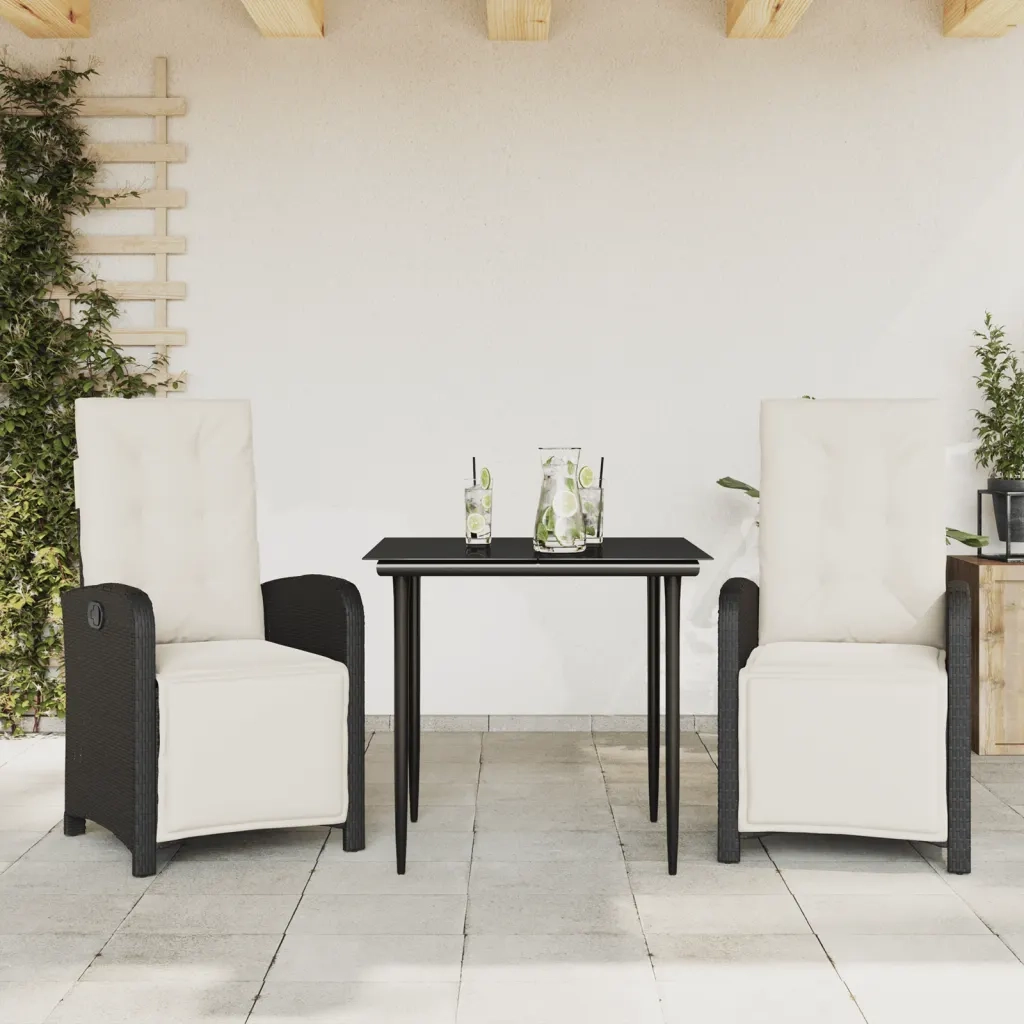Set da BistrÃ² 3 pz con Cuscini Nero in Polyrattan