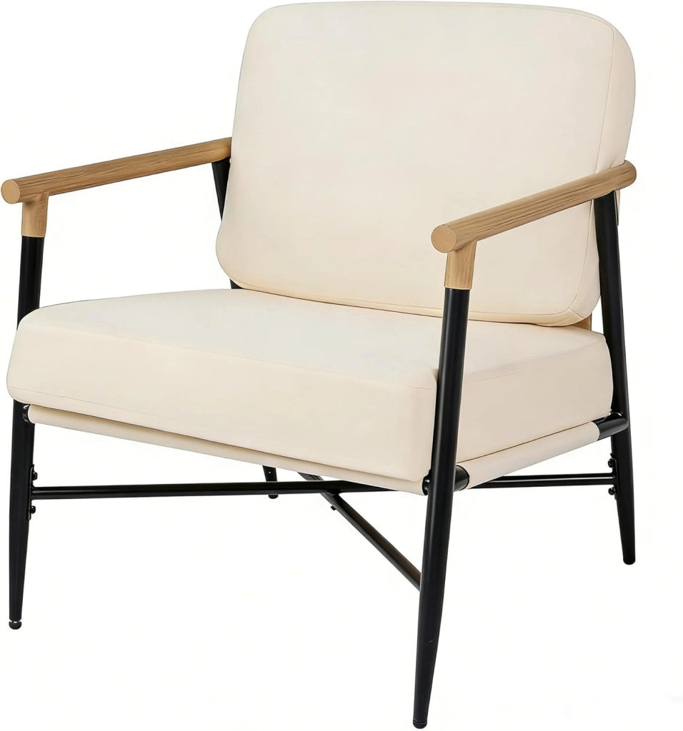 Poltrona Salotto Imbottita, Sedia da Lettura, Relax, Poltroncina con Braccioli, Schienale e Cuscini, per Soggiorno, Camera da Letto, Sala Attesa, Moderno e Comodo, 67 X 73 X 88 CM (Beige)