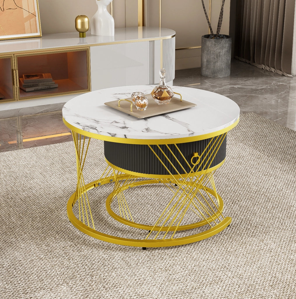 Tavolino da salotto 70x70x45+50x50x40 cm; set di 2 con cassetto; effetto marmo bianco e oro