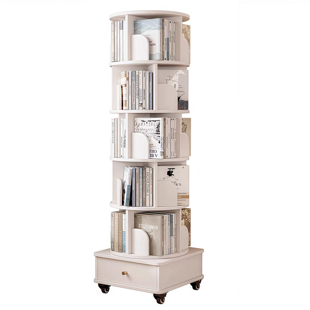 Libreria girevole 360° con ruote e cassetto, salvaspazio, bianco, MDF