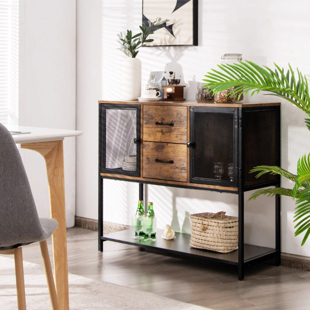 Credenza industriale con 2 armadietti 2 cassetti ripiano inferiore-Tavolino versatile per salone cucina Marrone