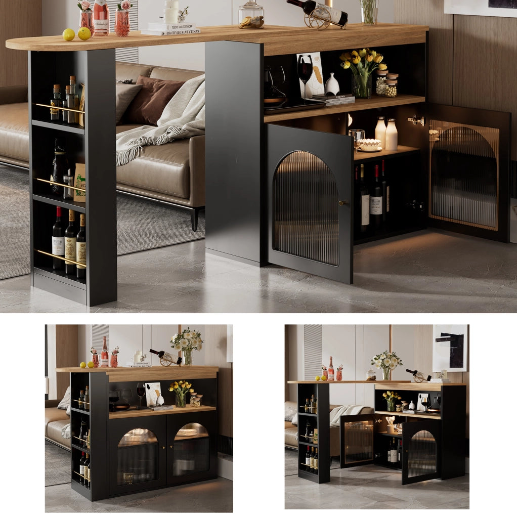 Tavolo bar allungabile e girevole 360° 138-193x39x105 cm con LED; nero