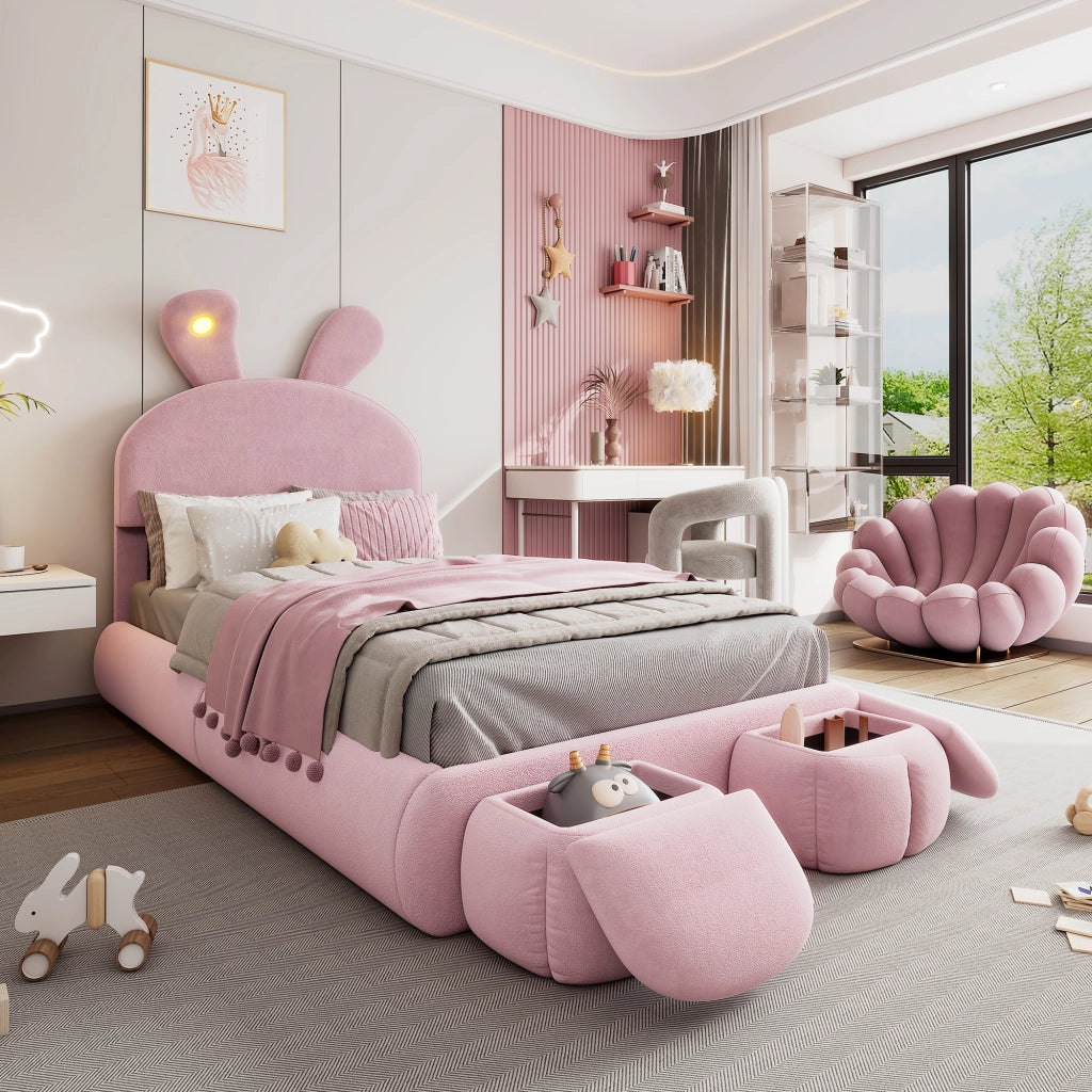 Letto Singolo 90x200 cm - LED Regolabile; 2 Pouf Contenitore e Testiera Regolabile - Rosa
