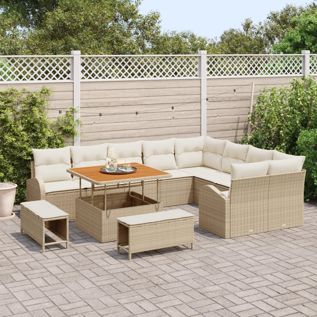 Set di divani da giardino da 12 pezzi con cuscini beige in rattan e acacia