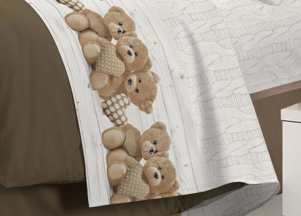 Completo Lenzuola Linea Pensieri Delicati 100% Cotone Disegno New Orsetti - Piazza E Mezza - Beige