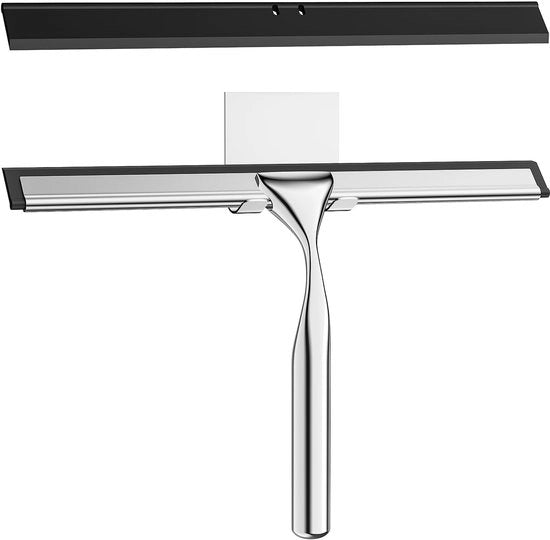 Douchewisser RVS con supporto alla parete, 25,5 cm, con lama in silicone, per doccia, bagno, specchio, piastrelle, 1 lama di ricambio e 1 gancio - Argento