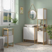 Mobile Sottolavabo Bagno con 2 Ante a Pressione in Bambù e MDF con Intaglio a U, 70x33x79.5cm, Bianco