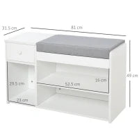 Panca Scarpiera con Cuscino, Cassetto e 3 Vani Aperti in Legno, 81x31.5x49cm, Bianco