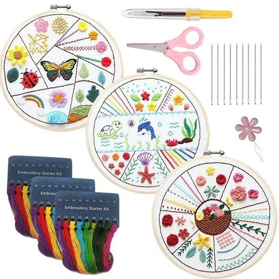 Set di pratica di punti di cucito a tre pezzi, set di punti di cucito per animali per principianti con anelli di cucito a maglia, fili per appassionati di hobby, cucire a mano con abilità di cucito.