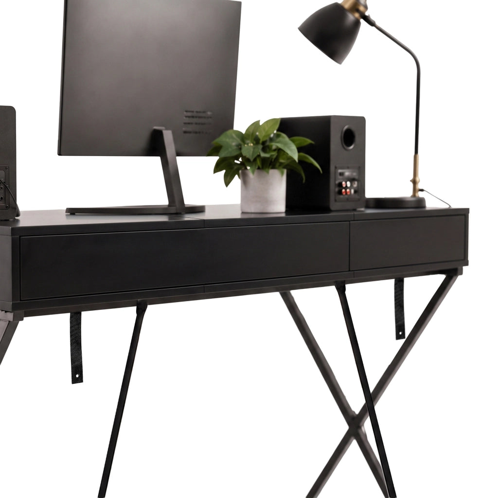 Scrivania PC industriale Nero CROSSLINE 120 cm 2 cassetti 1 ripiano gambe nere