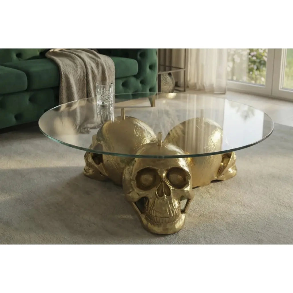 Tavolino basso CRANY rotondo 90 cm in alluminio dorato e vetro temperato stile barocco