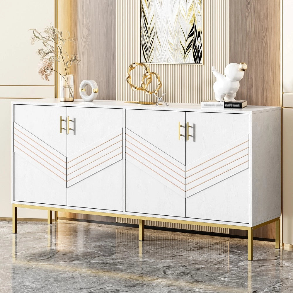 Credenza Moderna con 4 Ante ¨C MINIMAL ¨C Bianco e Oro, MDF, Gambe in Metallo, Ripiani Regolabili