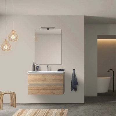 Mobile bagno sospeso 80 cm rovere miele con lavabo e specchio tondo Master
