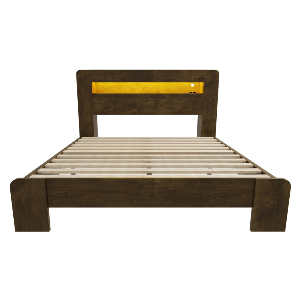 Letto 140x200 cm con testiera portaoggetti; LED e prese integrate in legno