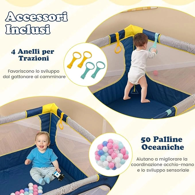 Box per Bambini 127 x 127 cm, Recinto per Bambini Pieghevole in Tessuto Oxford con Rete Traspirante, Box con Giochi che Include 50 Palline, 4 Pezzi Anelli e Borsa (Blu, 127 x 127 cm)