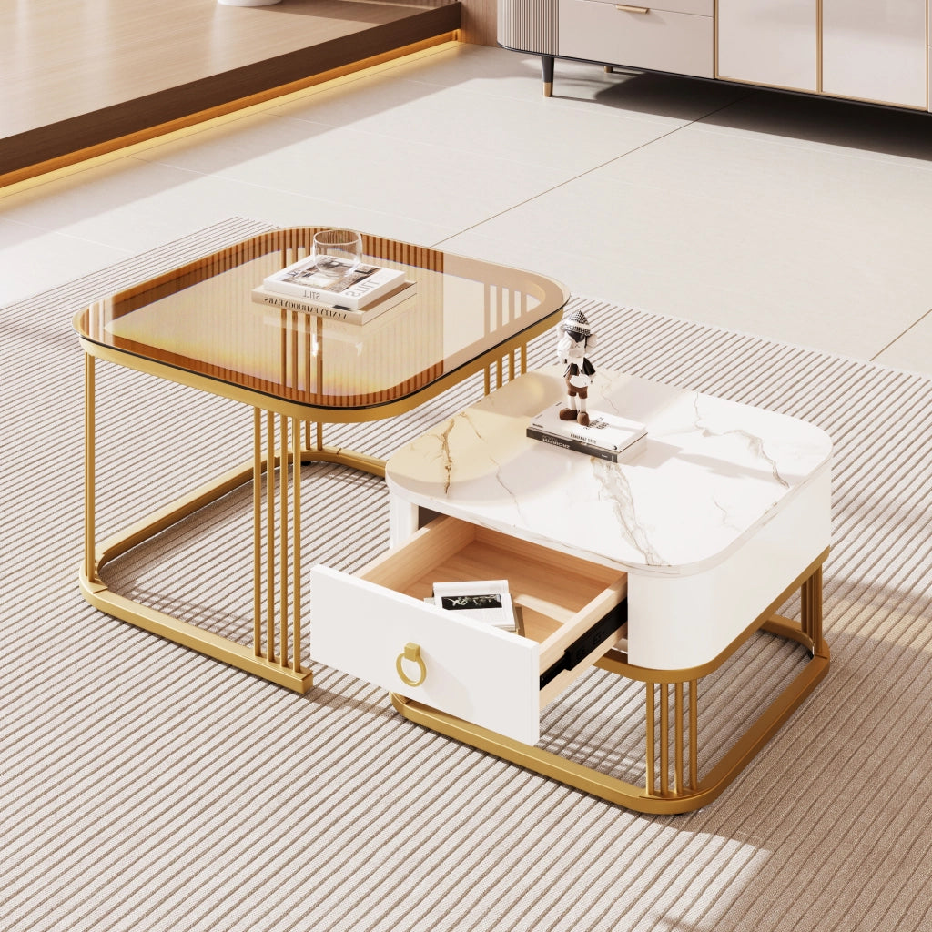 OKWISH Tavolini da Salotto Impilabili Quadrati con 1 Cassetto, Piano Effetto Marmo Lucido e Vetro, MDF, Bianco 60×60×42.5 cm