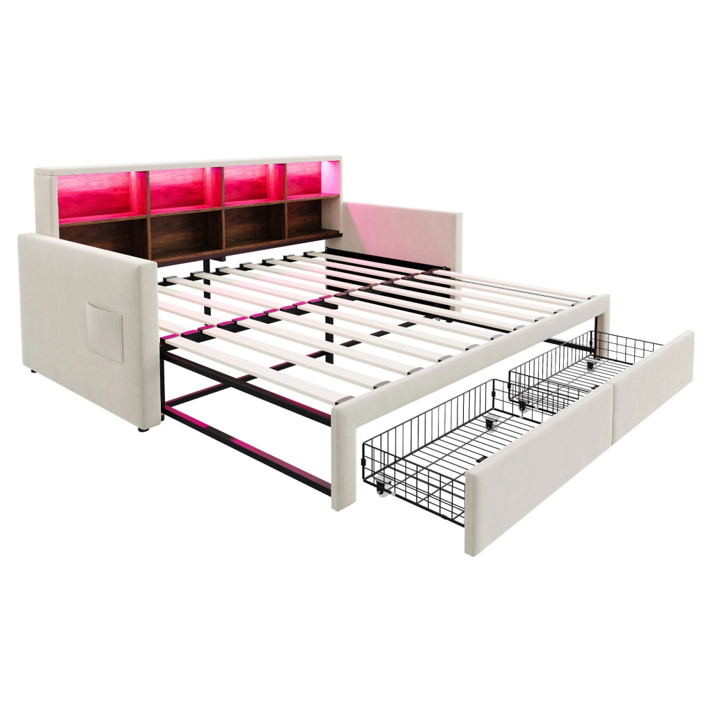 Letto imbottito estraibile 90x190 cm con LED, prese e cassetti in velluto beige