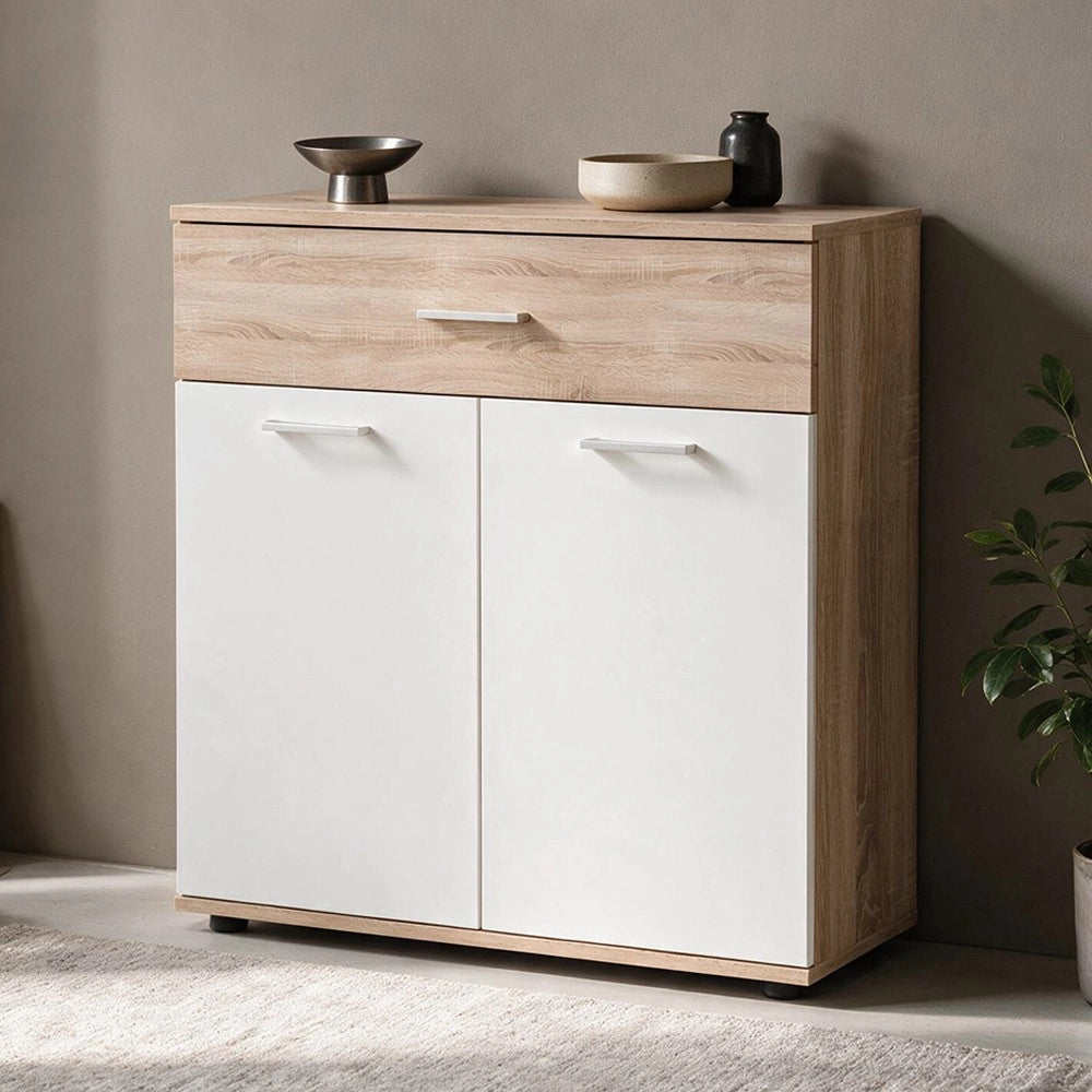 Mobile multiuso Irys con 2 ante e 1 cassetto colore bianco e rovere 80x35x84H