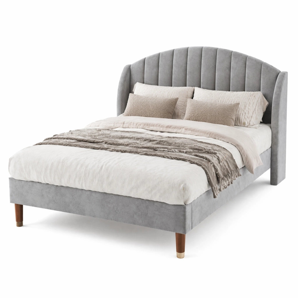 Letto imbottito 140x200 cm con testiera e rete a doghe; in velluto grigio