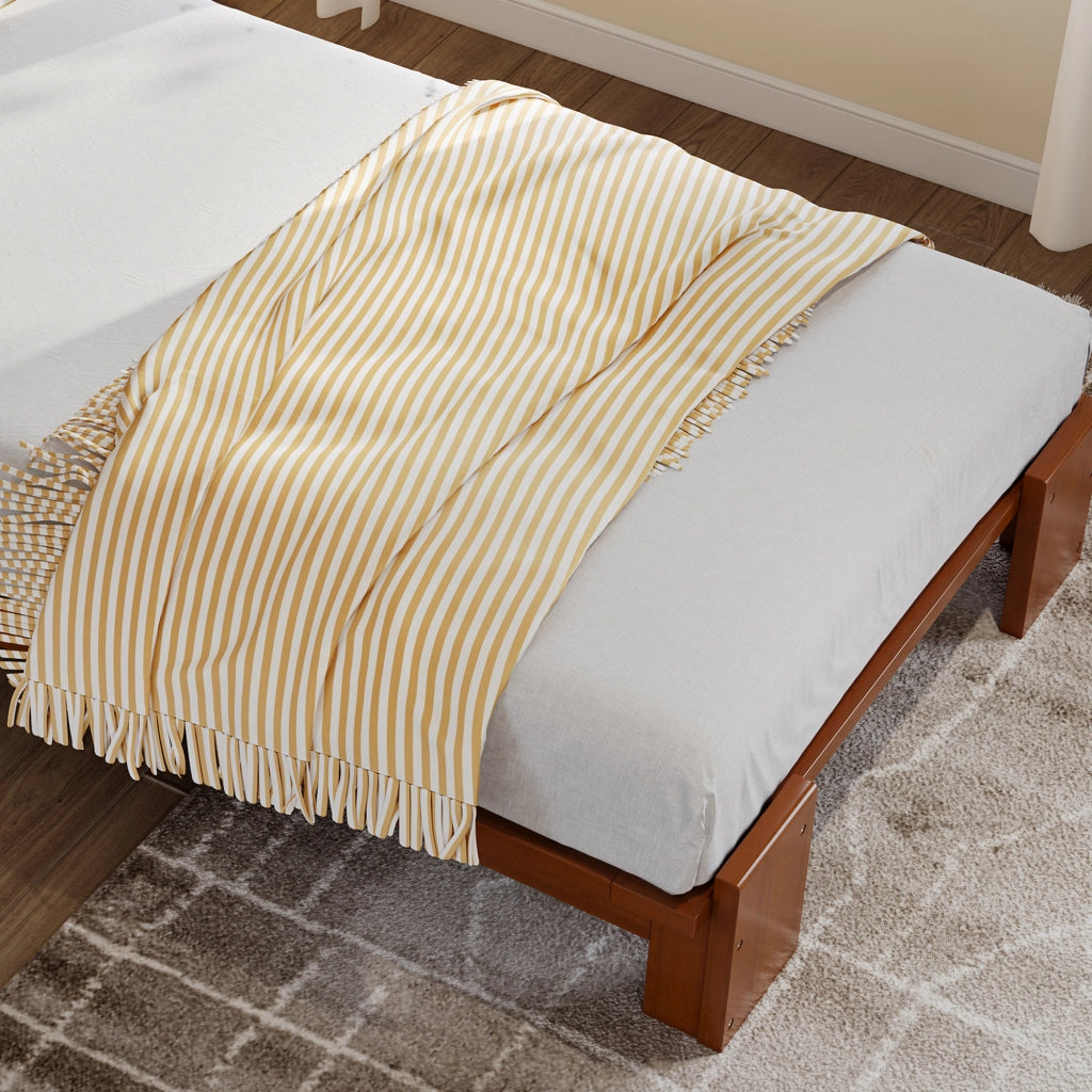 DESMIU Letto singolo 90 × 200 cm con schienale imbottito e reti stabili, senza materasso, in legno e tessuto, marrone