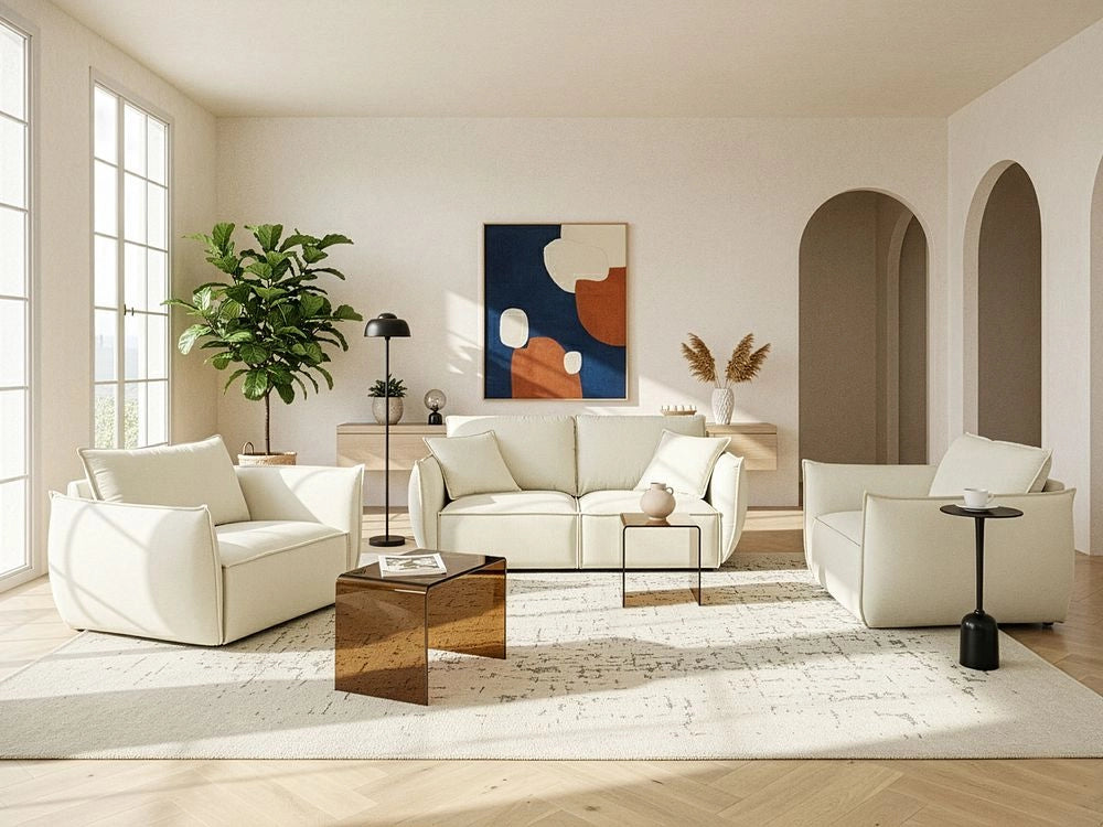 Set da salotto in tessuto Seduta bassa e profonda Schienale imbottito Accogliente Moderno 5 posti Beige chiaro Moderno Accogliente