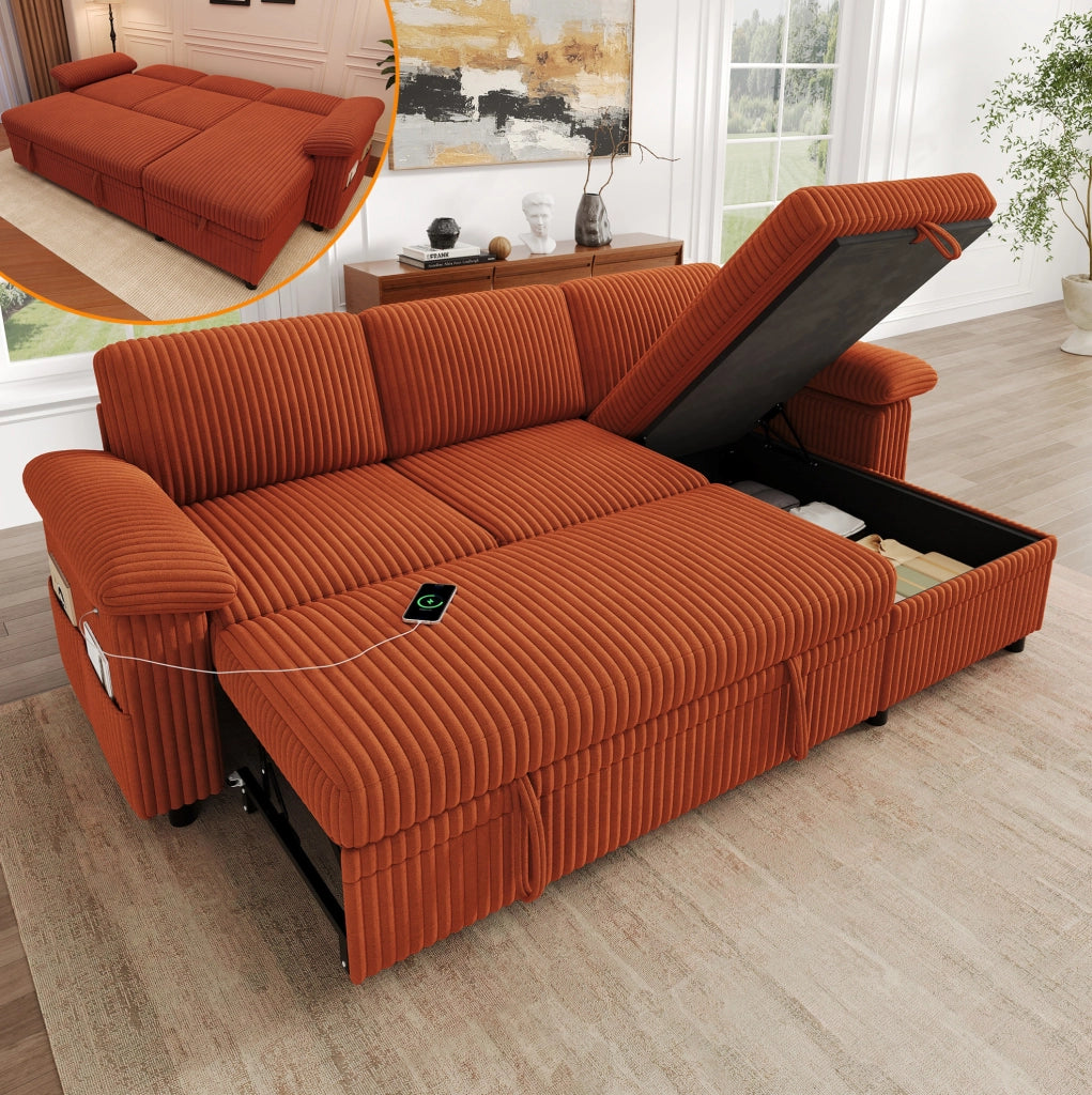 Divano angolare a L con letto estraibile; 212x150 cm; in corduroy arancione