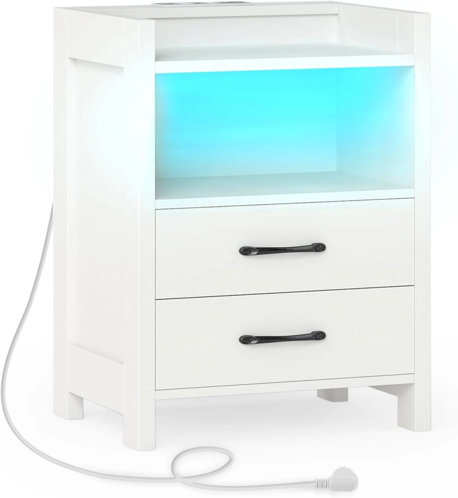 Comodino con luce e stazione di ricarica, 16 colori di luce e 4 modalità, telecomando, elegante comodino con cassetti e vano aperto per soggiorno, camera da letto (bianco)