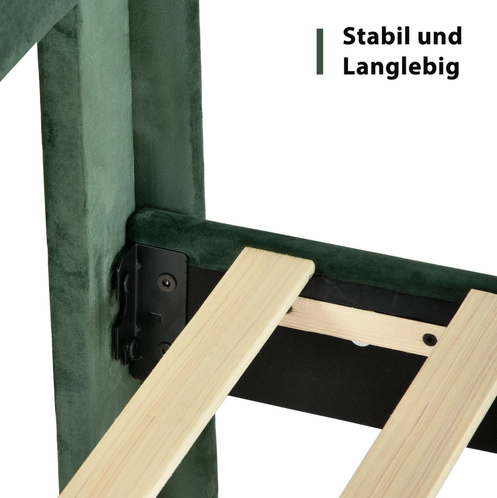 Letto imbottito 90x200 cm con rete a doghe e testiera in velluto verde scuro