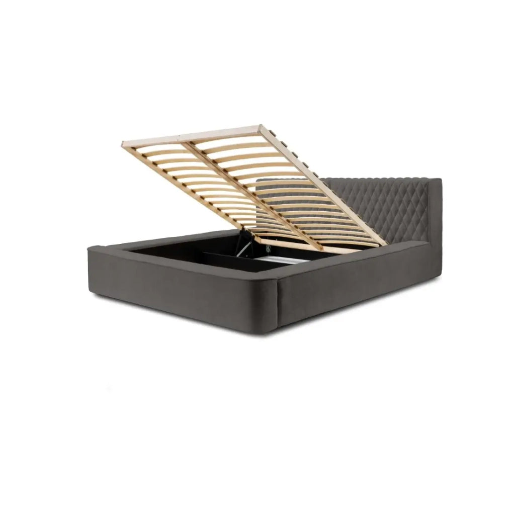 Lit coffre VERNON – Tessuto bouclé di ciniglia Antracite profondo – 140x200 cm – Rete a doghe sollevabile – Design di alta gamma