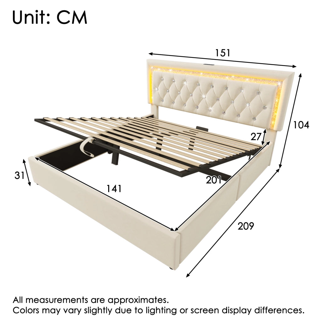 Letto matrimoniale 140x200 cm in velluto beige con LED; porta USB Type-C; contenitore e materasso