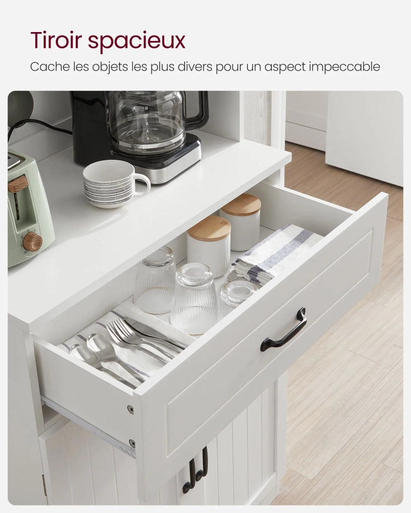 Credenza alta da cucina 41,5 x 73 x 179,8 cm mobiletto dispensa con ante in vetro e ripiani regolabili foro per cavo microonde stile moderno bianco 12_0004537