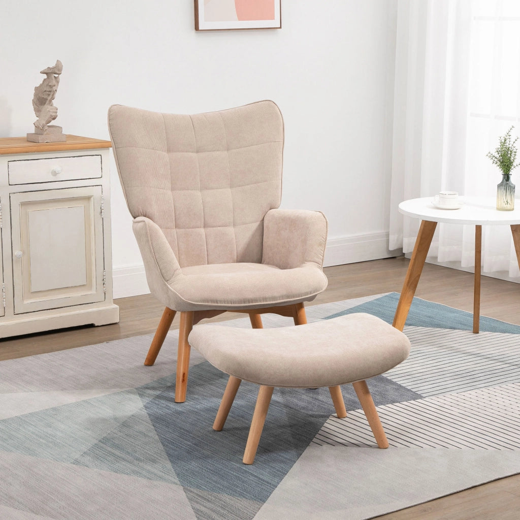 Poltrona relax beige in velluto a coste con pouf