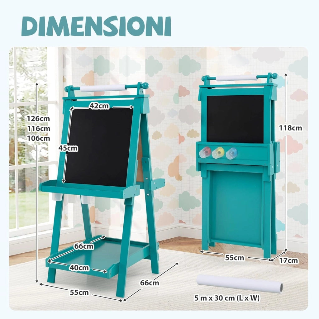 Lavagna per Bambini 3 in 1, Lavagna Magnetica con Lavagna Bifacciale, Rotolo di Carta, Vassoi Portaoggetti e 3 Bicchieri per Pittura, Cavalletto in Legno per Bambini 3+ Anni (Verde)
