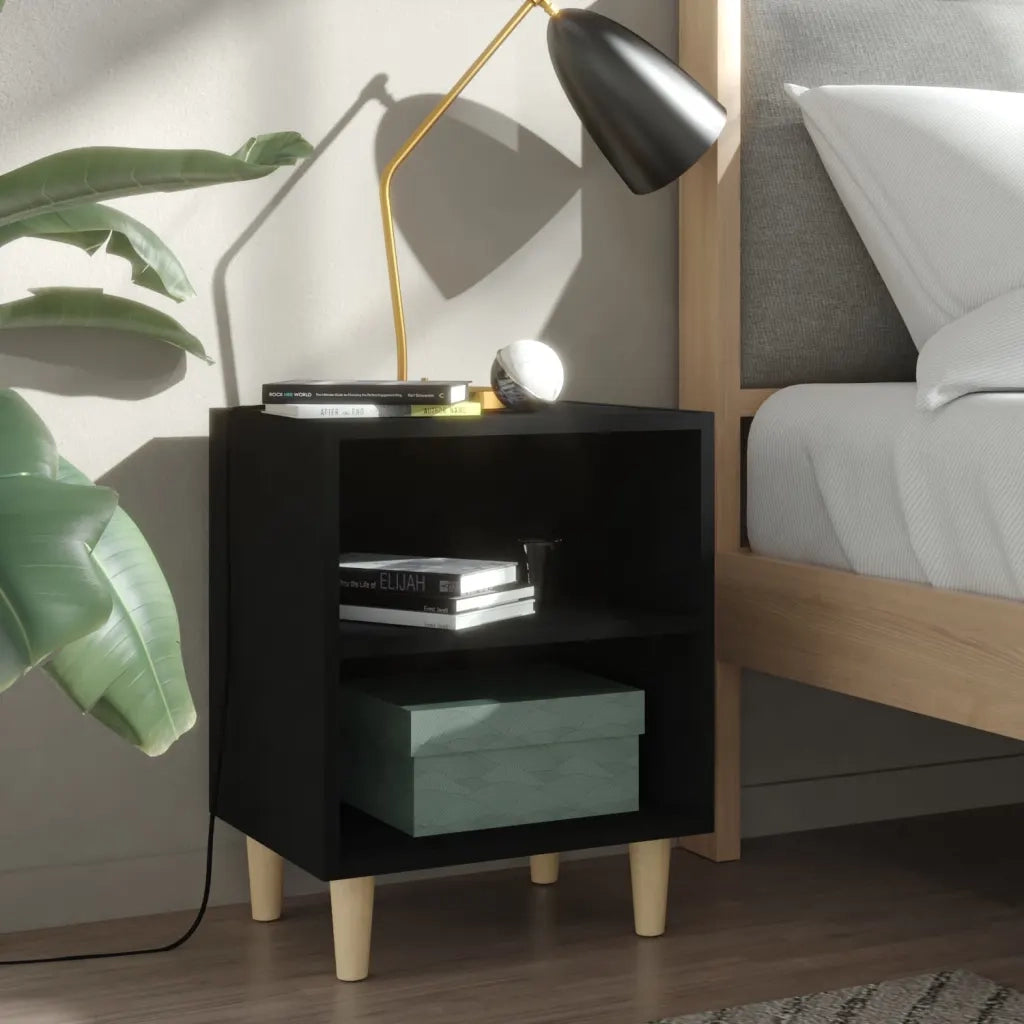Comodino con Gambe in Legno Massello Nero 40x30x50 cm 805781