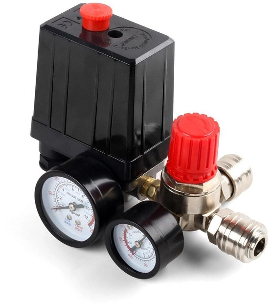 Regolatore di pressione 220V - Interruttore di pressione - Compressore con 2 manometri - Valvola di sicurezza - Regolazione di pressione precisa - 120 psi