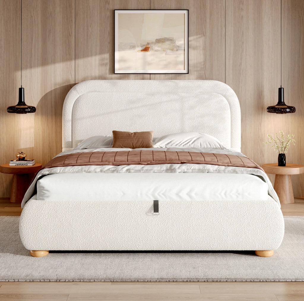 Letto matrimoniale 160x200 cm con contenitore idraulico; testiera imbottita in bouclé bianco