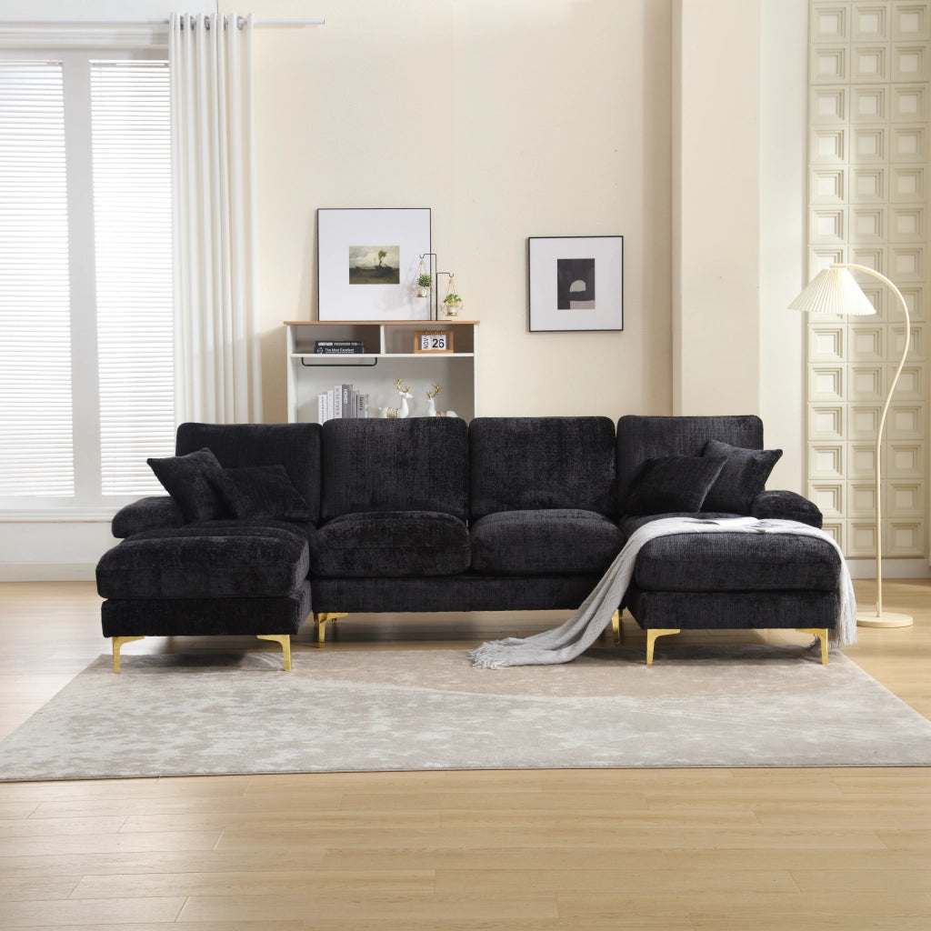 Divano Angolare Panoramico A U 6 Posti con Doppia Chaise Longue e Cuscini; Struttura In Legno; in Ciniglia Nero