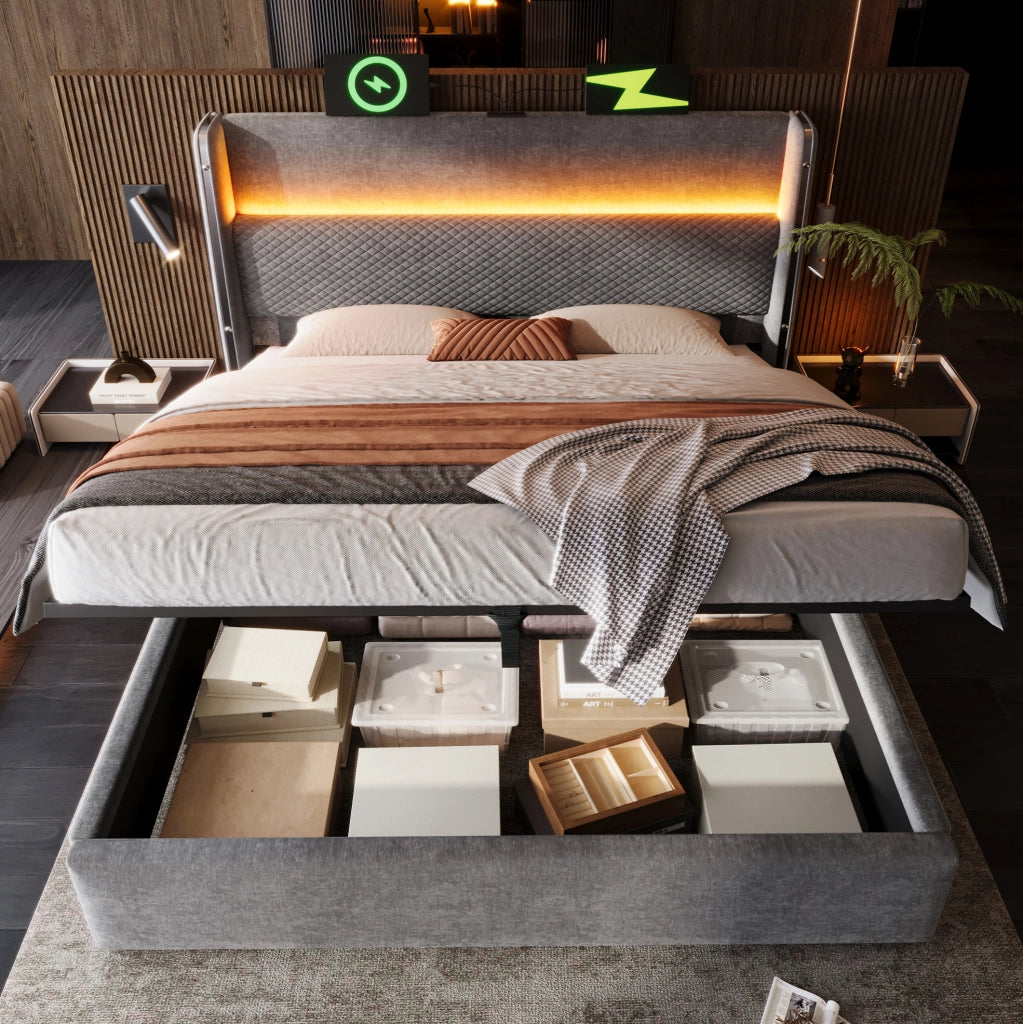 Letto matrimoniale 160x200 cm con testiera alta; LED; contenitore e porte USB Type-C; grigio