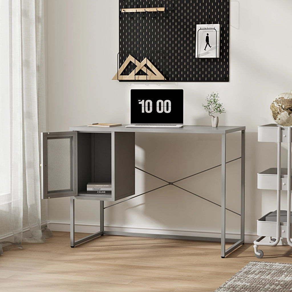 Scrivania Sund in Acciaio con Scomparto Chiuso con Anta 75x100x50 cm Grigio [en.casa]