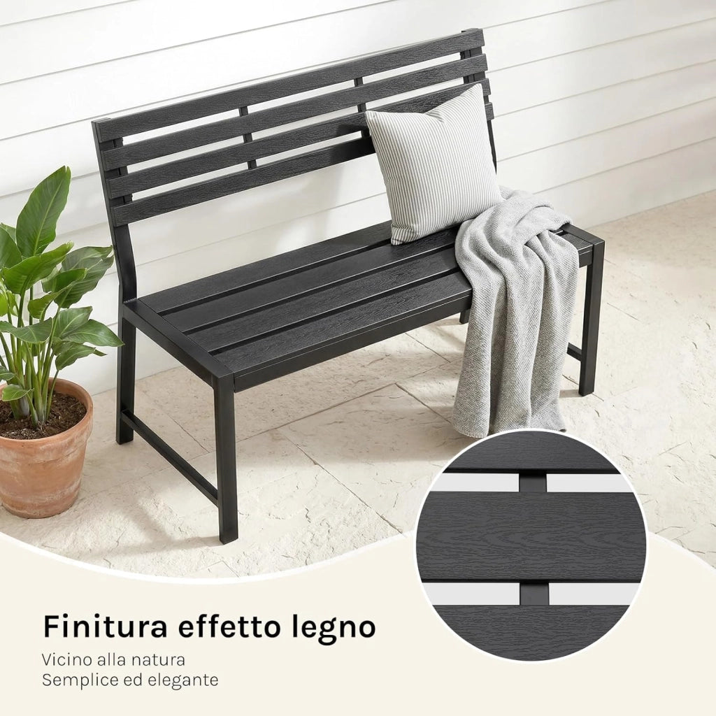 Panca da Giardino 115x55x85 cm, Panchina da Esterno con Schienale Senza Braccioli, 2-3 Posti, Struttura in Metallo, Resistente alle Intemperie, Portata 280 kg, per Cortile, Terrazza, Prato, Nero