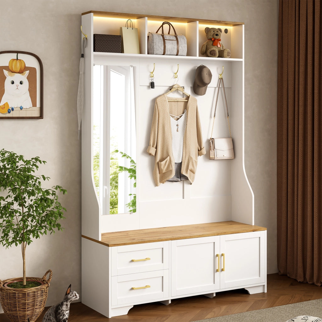 Mobile Ingresso con Specchio; LED; Ganci; Ante e Cassetti; Stile Moderno; in MDF; 120??40??187 cm; Bianco e Legno