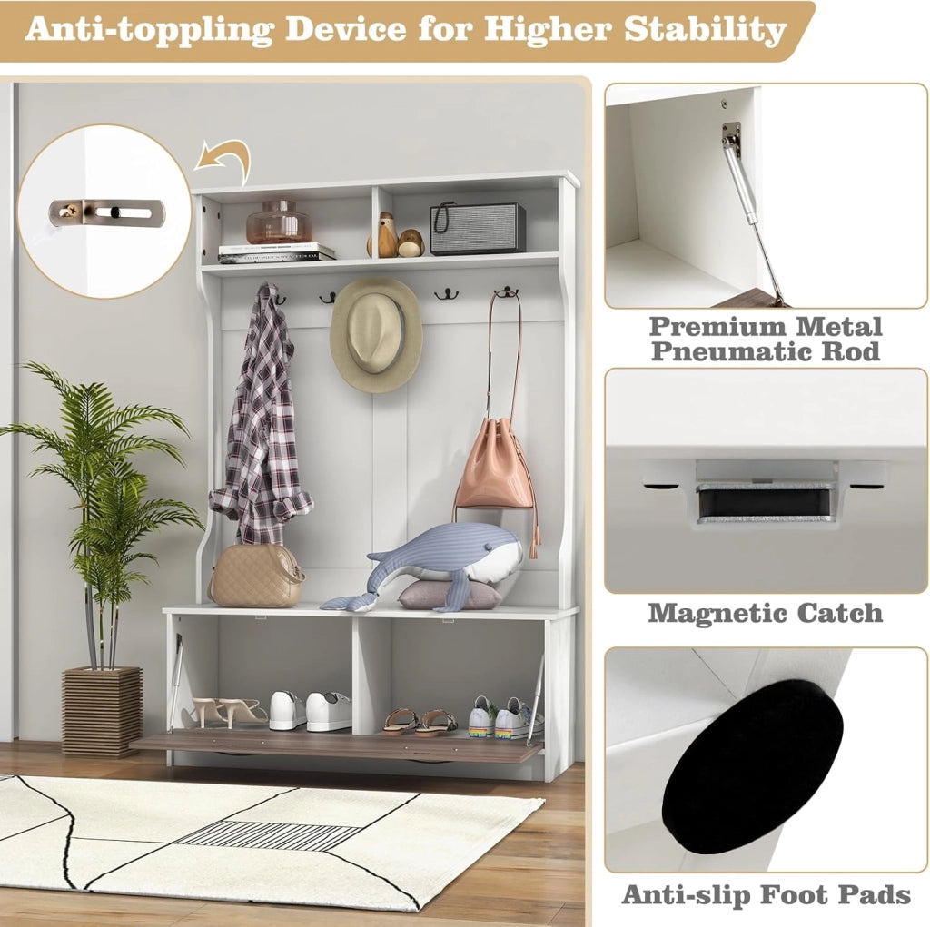 Appendiabiti con Panca da Scarpe, Armadio con Panca Portaoggetti e 5 Ganci e Scomparti, Mobile d'Ingresso Moderno per Corridoio, Camera da Letto, 100x40x160 cm (Bianco)