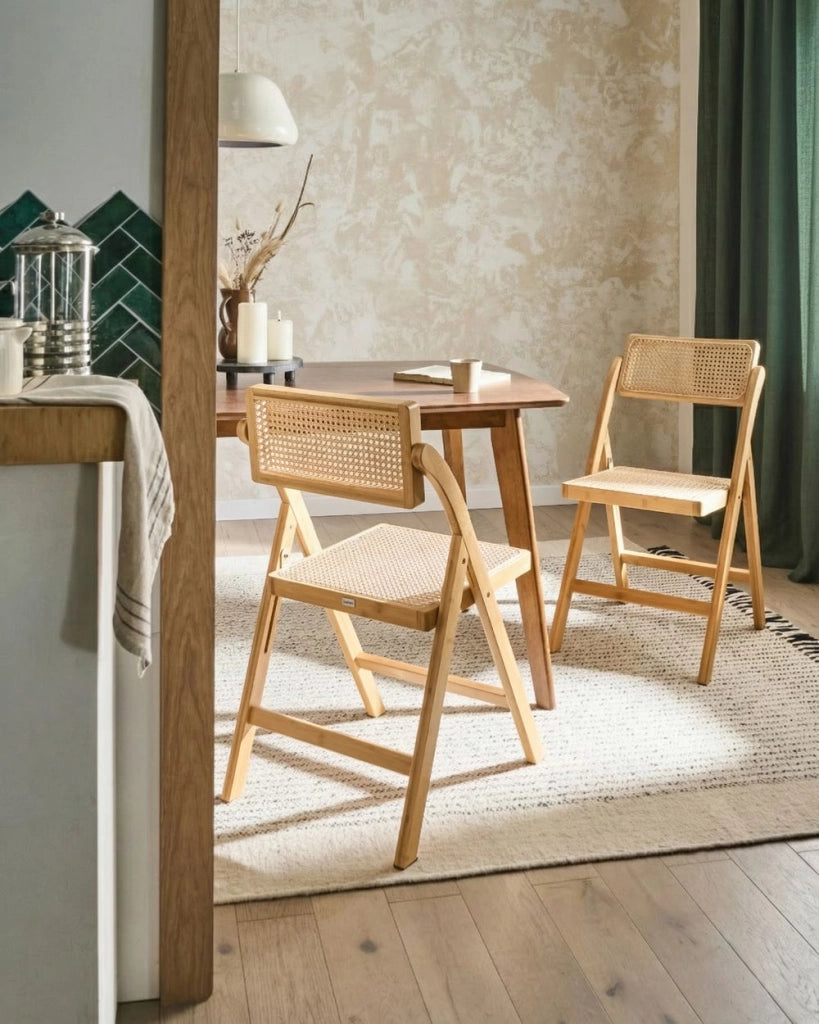 Set di 2 sedie da pranzo in bambù marrone chiaro e rattan sintetico pieghevoli stile boho per cucina e sala da pranzo