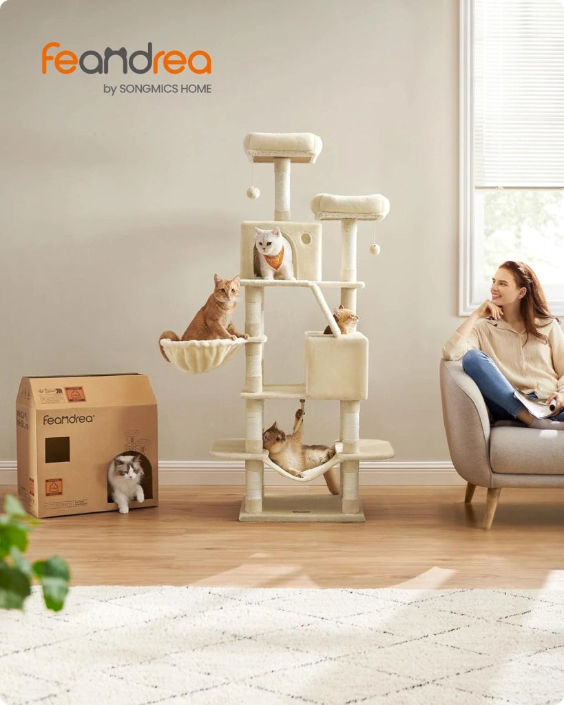 Feandrea Albero per Gatti, Alto 168 cm, Tiragraffi per Gatti con 13 Graffiatoi, 2 Posatoi, 2 Grotte, Cesto, Amaca, Pompon, in Peluche a Più Livelli per Interno, Beige PCT165M01V1