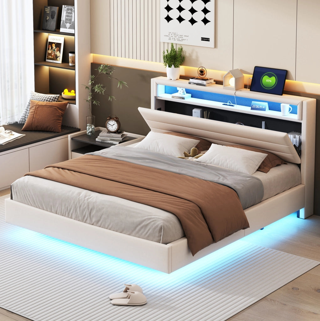Letto imbottito 160x200 cm con LED, USB e testiera contenitore beige