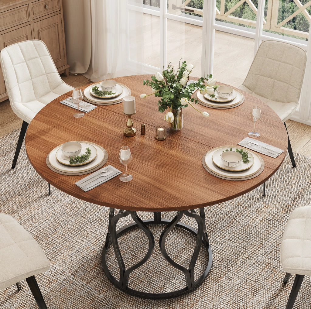 Tavolo da pranzo rotondo 100 x 100 x 75 cm in MDF effetto noce e metallo nero; con ripiano