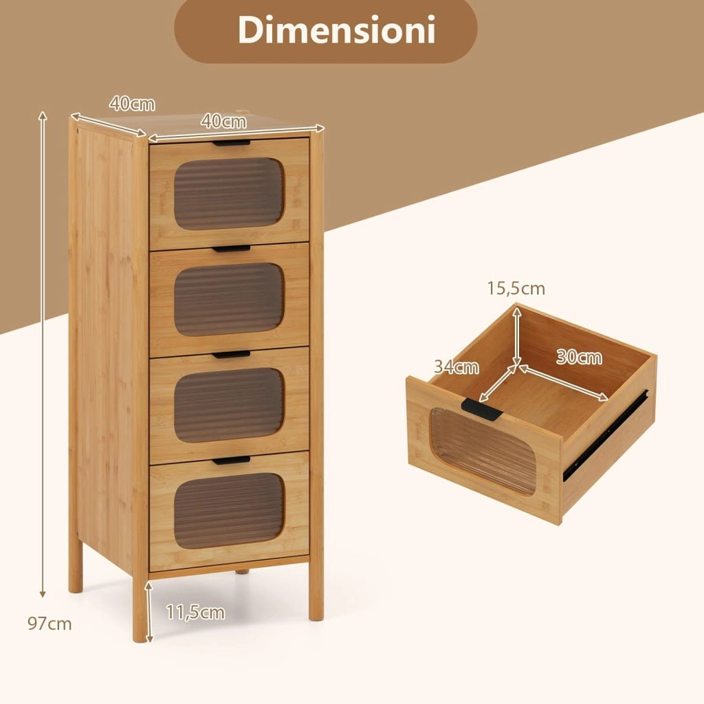 Cassettiera a 4 Cassetti in Bambù e Vetro, Cassettiera Alta per Camera da Letto, Credenza Salvaspazio per Soggiorno, Ingresso e Corridoio, 40 x 40 x 97 cm, Naturale